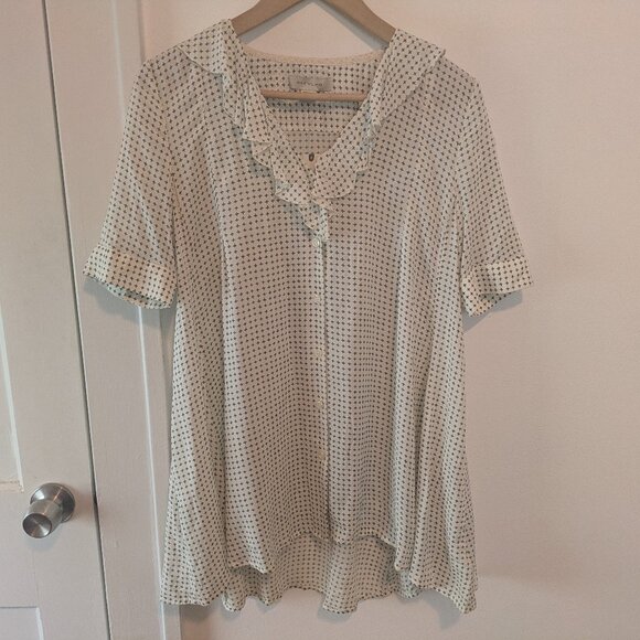 Anthropologie 11.1.Tylho White Printed Button Front Ruffled Neck Tunic - Picture 2 of 14